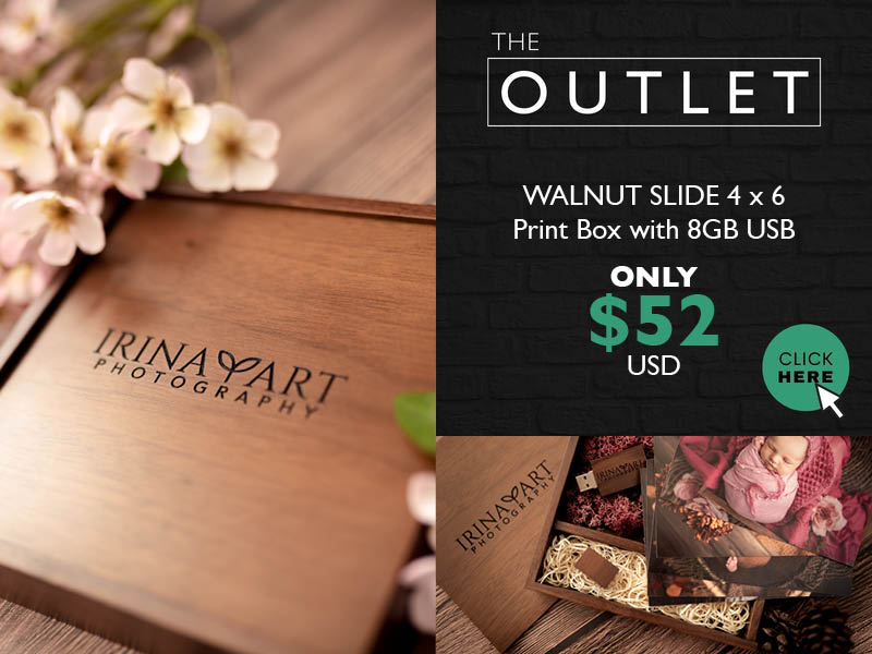 Outlet Clearance - Walnut 6x4 Slide Lid Print Box with 8GB USB