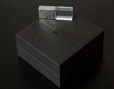 Black Faux Leather USB Box with Logo Engraved on Lid