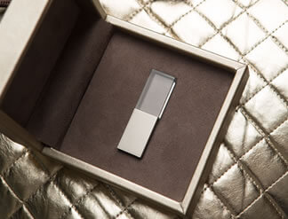 Crystal USB shown in Premium Metallic Box