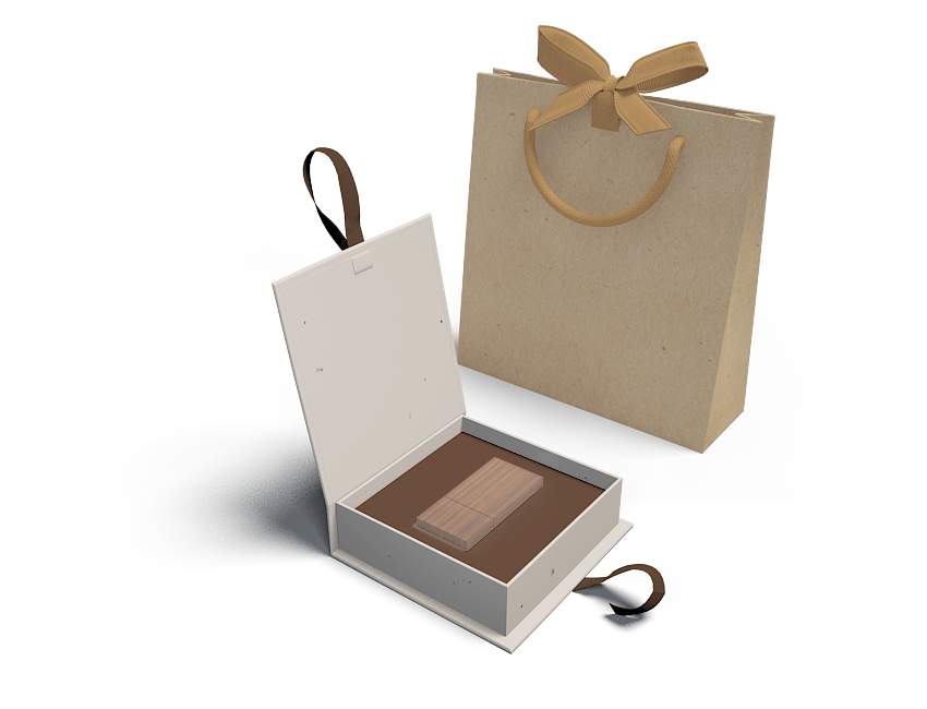 wood USB with cream box and bag
