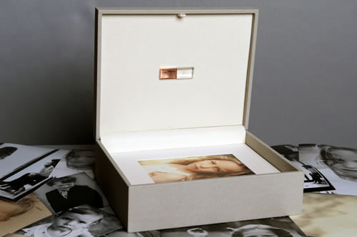 Grey Premium Print Box with a Rose Gold Crystal USB Flash Drive