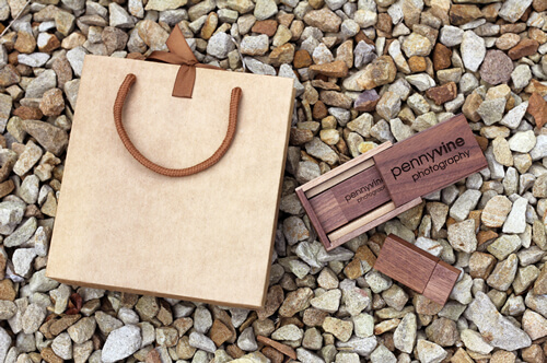 Dark Wooden USB Flash Drive with Box and Bag