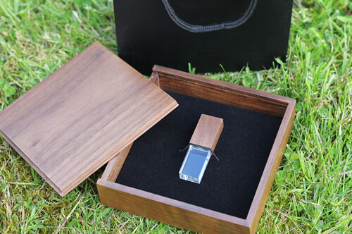 Premium Walnut box shown with Walnut Crystal and Plain Black Bag